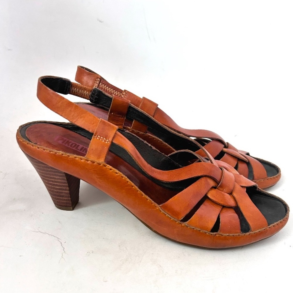 PIKOLINOS Brandy Brown Leather Sling Backs Strappy Heel Sandals Size 39 8.5